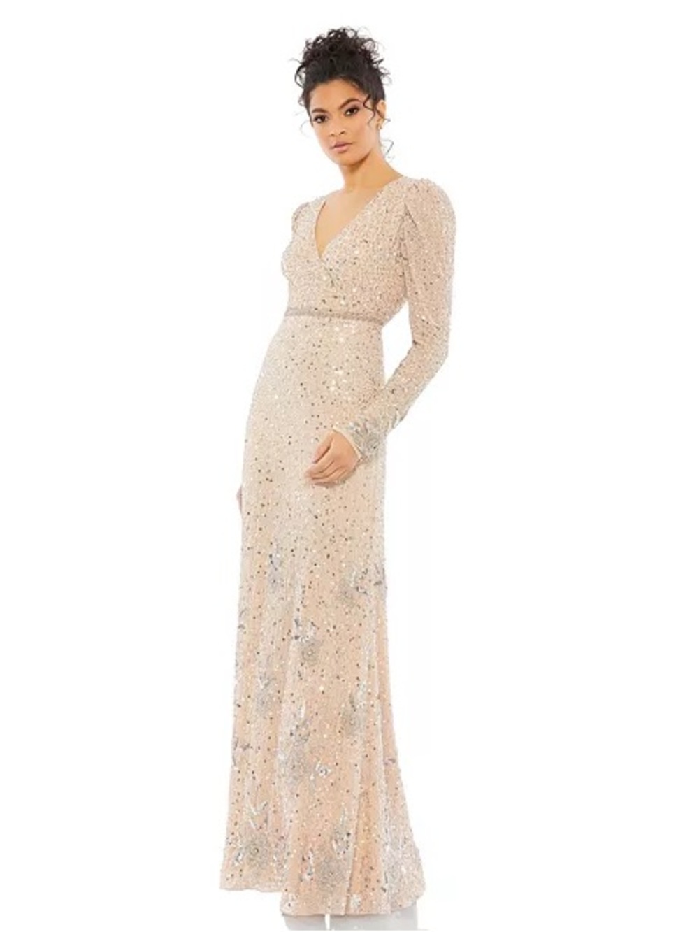 Mac Duggal Women's Sequined Floral Embellished Long Sleeve Gown Size 2